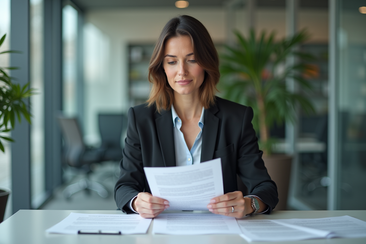 Femme d'affaires examine un contrat d'assurance au bureau