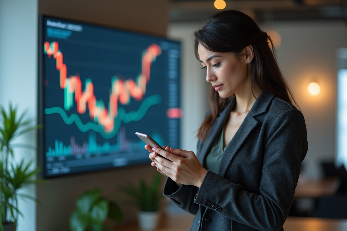 Femme en coworking regardant un graphique Bitcoin sur un écran