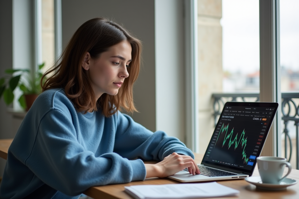Jeune femme française regardant un site de crypto sur son ordinateur