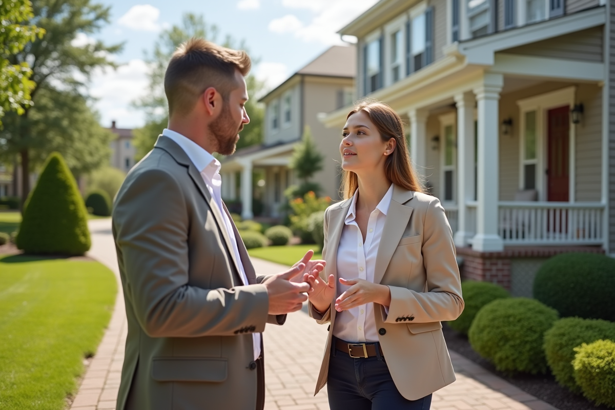 Jeune femme en blazer beige discute avec agent immobilier devant maison