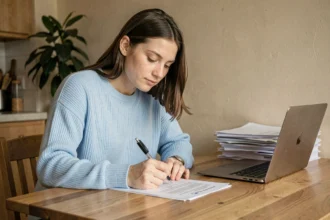Jeune femme remplissant un dossier CAF pour une demande d'APL à son domicile