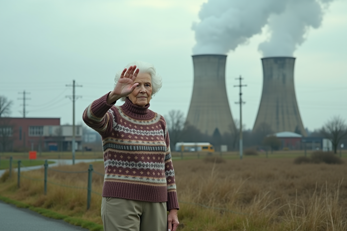 Femme regardant la fumee d une centrale électrique