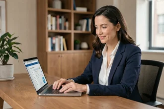 Femme professionnelle consultant son espace client bancaire privé BNP Paribas sur un ordinateur portable dans un bureau moderne