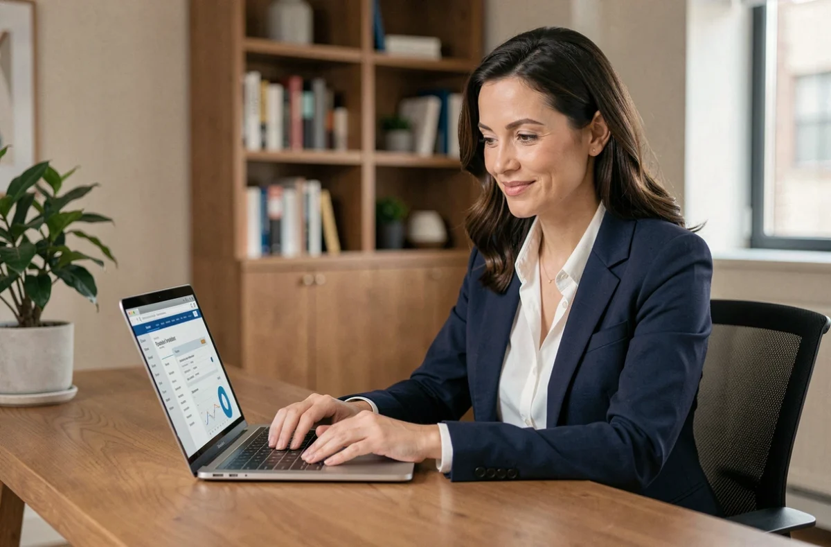 Femme professionnelle consultant son espace client bancaire privé BNP Paribas sur un ordinateur portable dans un bureau moderne