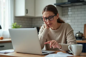 Femme inquiète qui examine un relevé bancaire sur son ordinateur portable à la maison, pointant un prélèvement de 108 euros