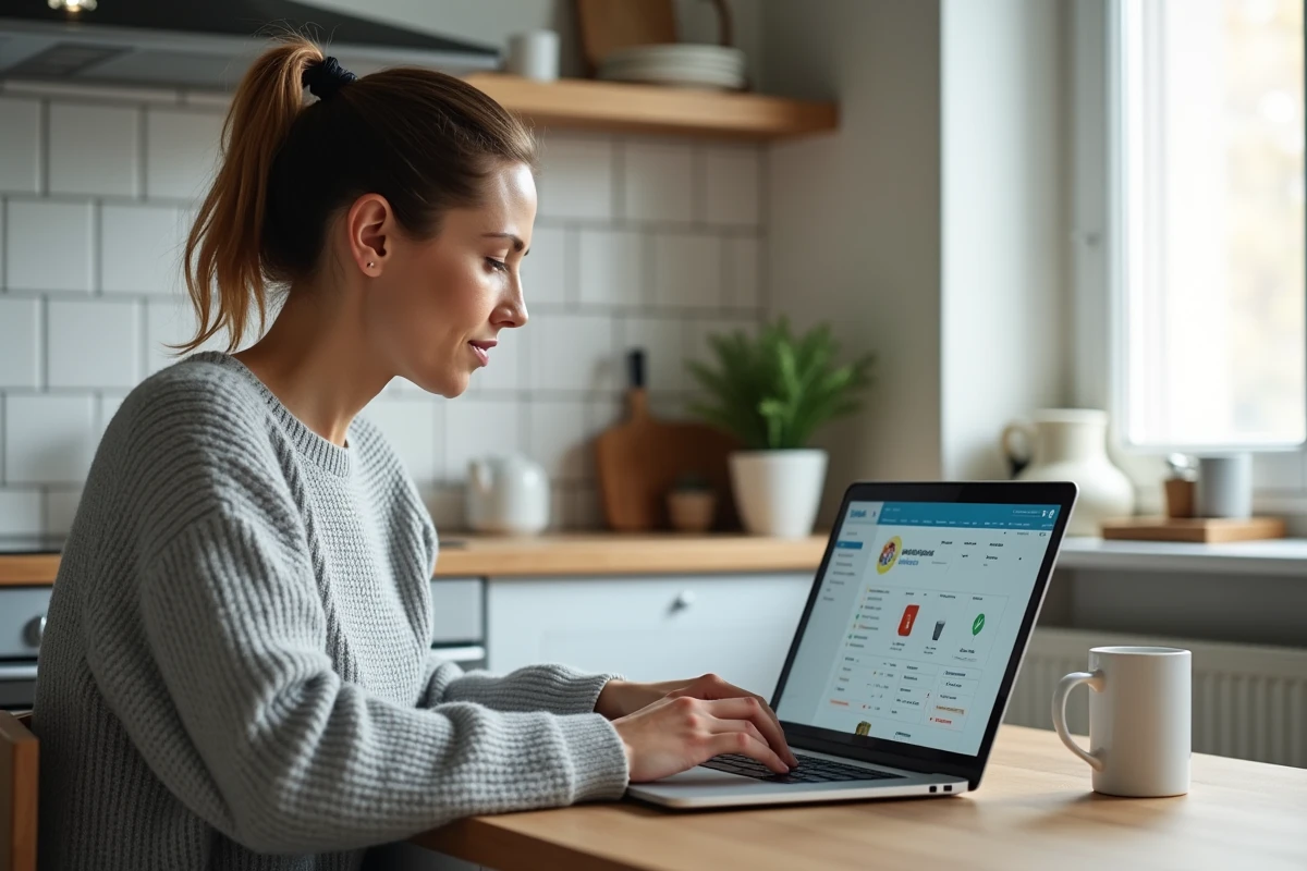 Femme consultant sa facture Carrefour en ligne sur un ordinateur portable dans une cuisine moderne