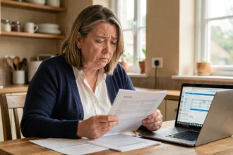 Femme fichée bancaire consultant un dossier de crédit à domicile pour trouver un organisme prêteur