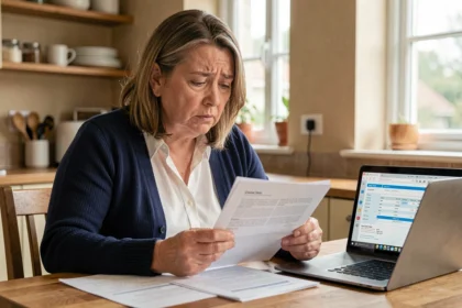 Femme fichée bancaire consultant un dossier de crédit à domicile pour trouver un organisme prêteur