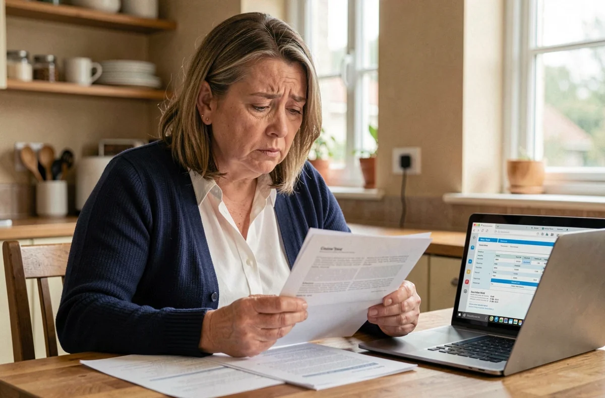Femme fichée bancaire consultant un dossier de crédit à domicile pour trouver un organisme prêteur