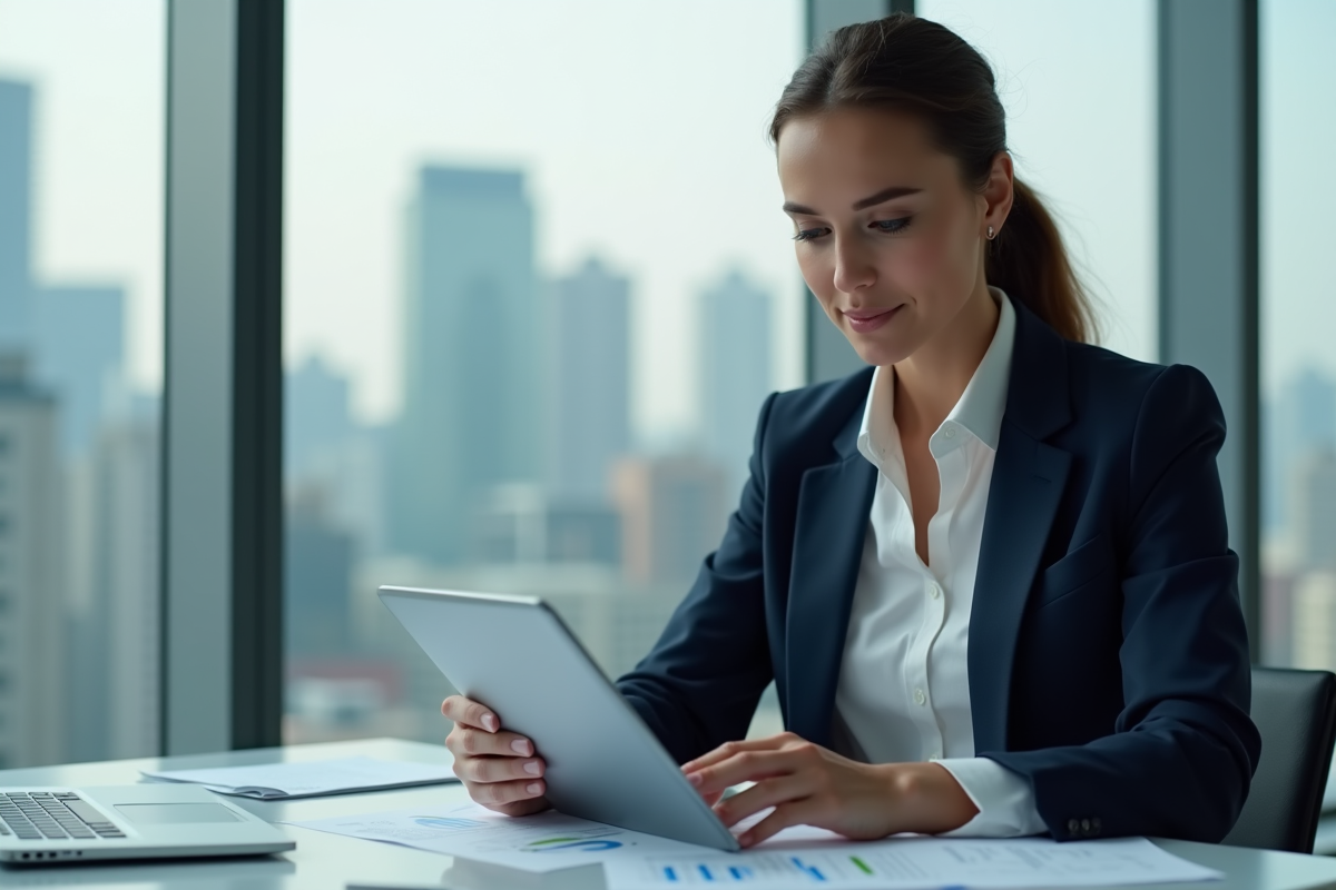 Femme d affaires en réunion avec graphiques financiers