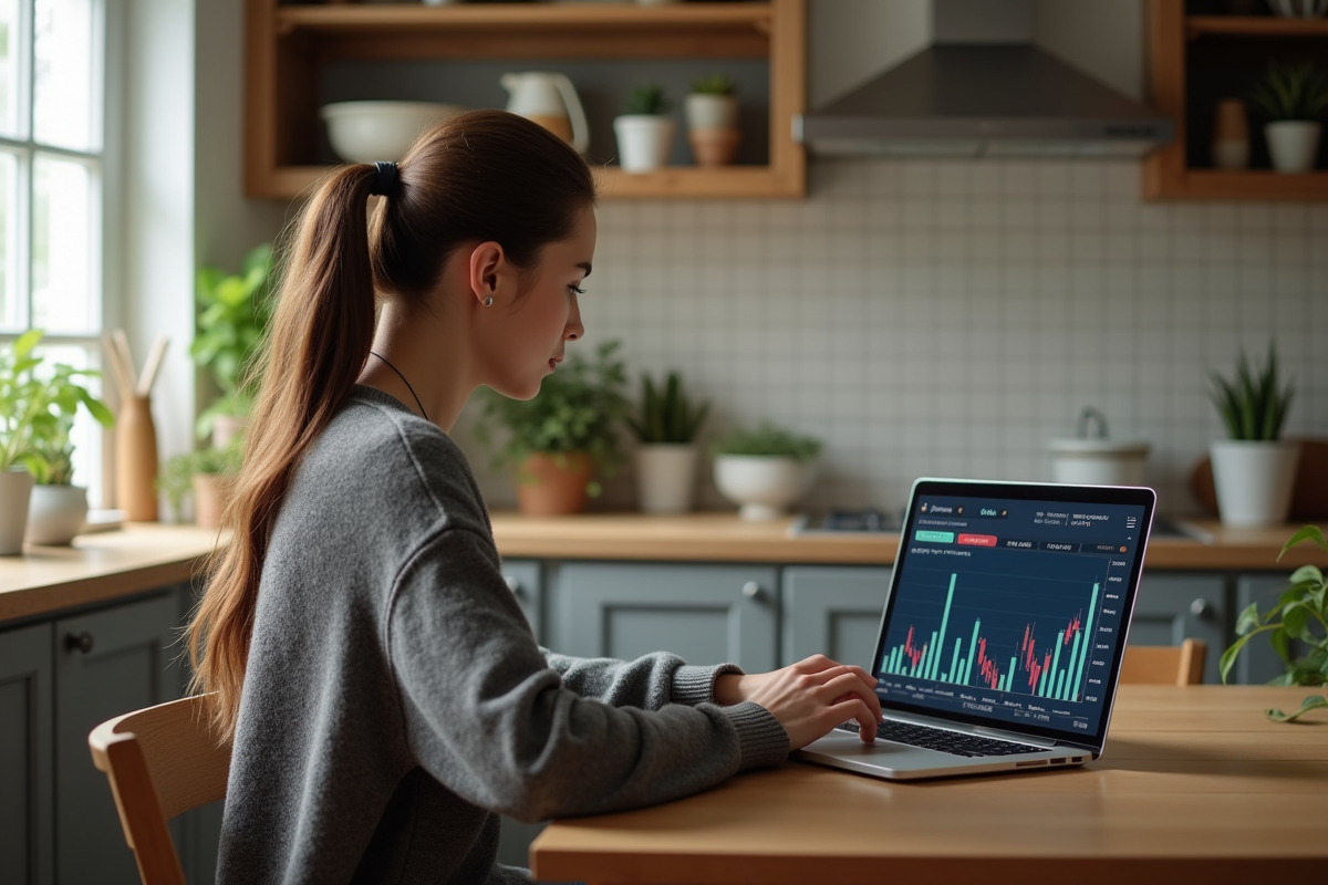 Jeune femme vérifiant ses finances sur un ordinateur à la maison