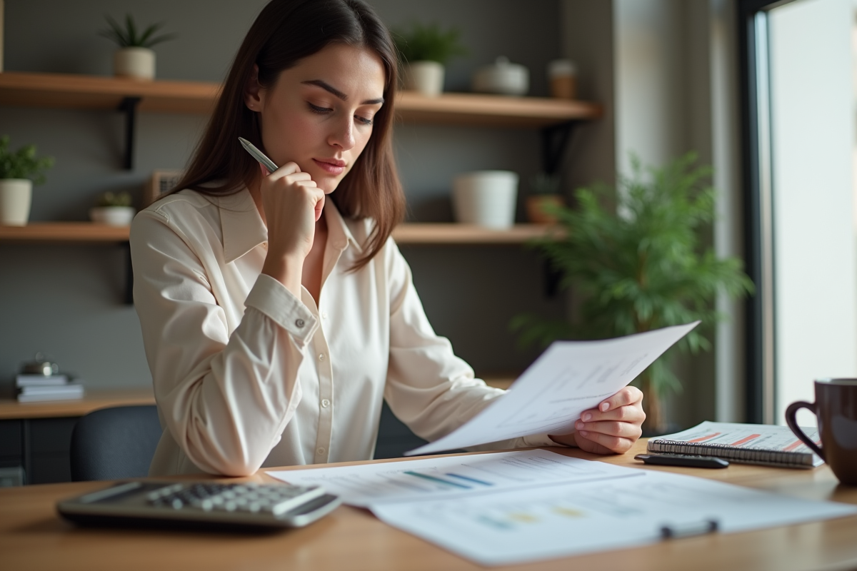 Jeune femme d'affaires examine un document financier
