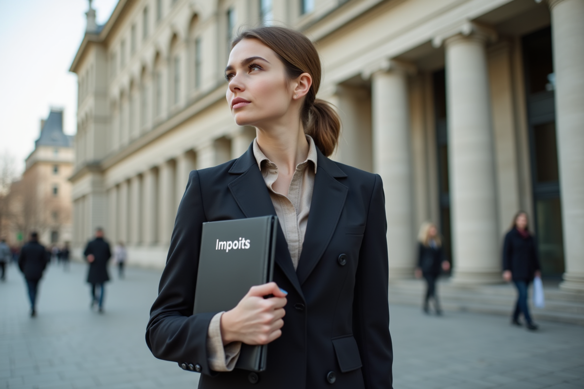 Jeune femme en costume regarde un bâtiment gouvernemental