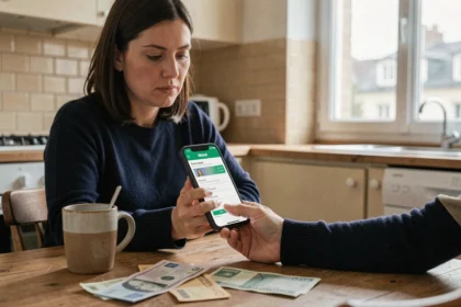 Femme consultant son espace Nickel sur smartphone à la maison pour gérer son compte bancaire