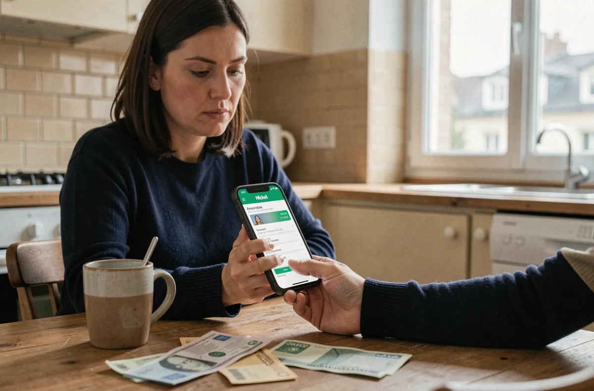 Femme consultant son espace Nickel sur smartphone à la maison pour gérer son compte bancaire