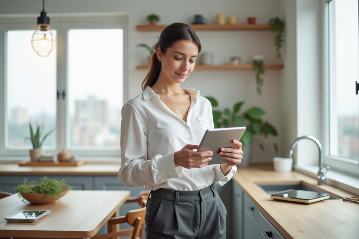 Jeune femme avec tablette dans une cuisine moderne