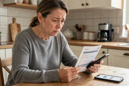Femme inquiète consultant ses relevés bancaires après avoir transmis son RIB à une banque suspecte