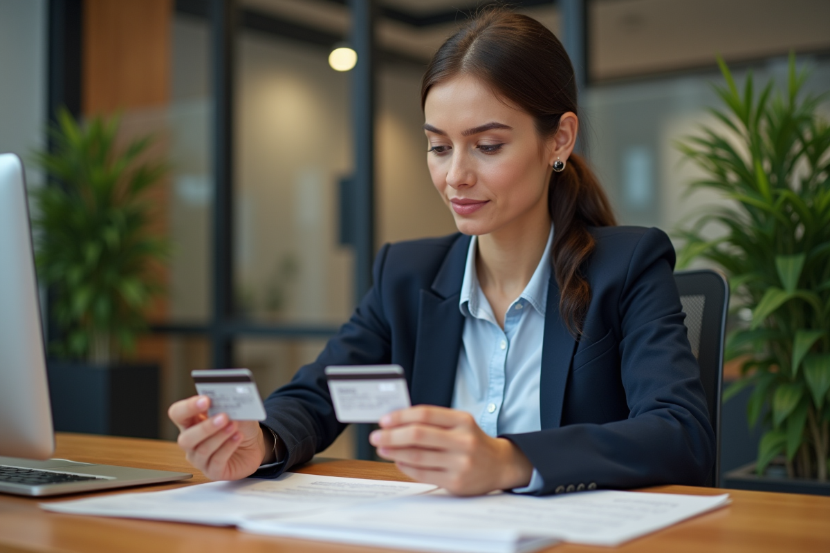 Jeune femme examine une nouvelle carte bancaire dans un bureau moderne