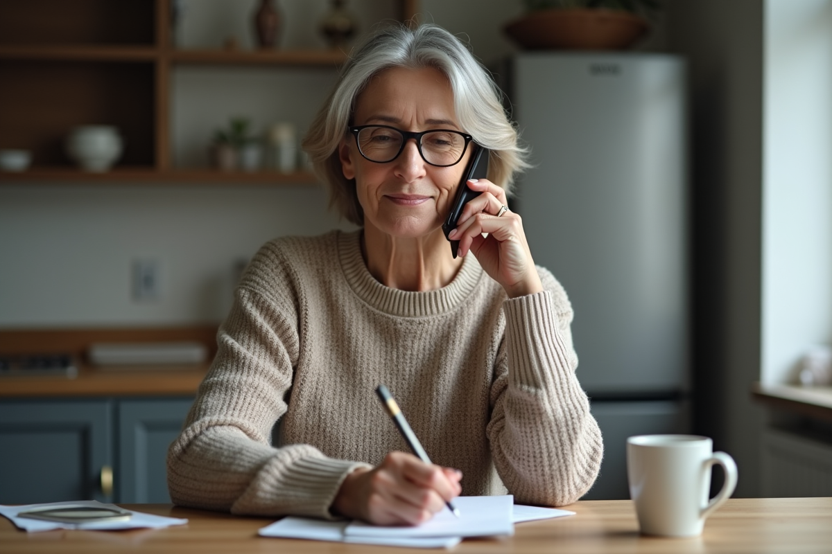 Femme assise à la cuisine avec smartphone et notes