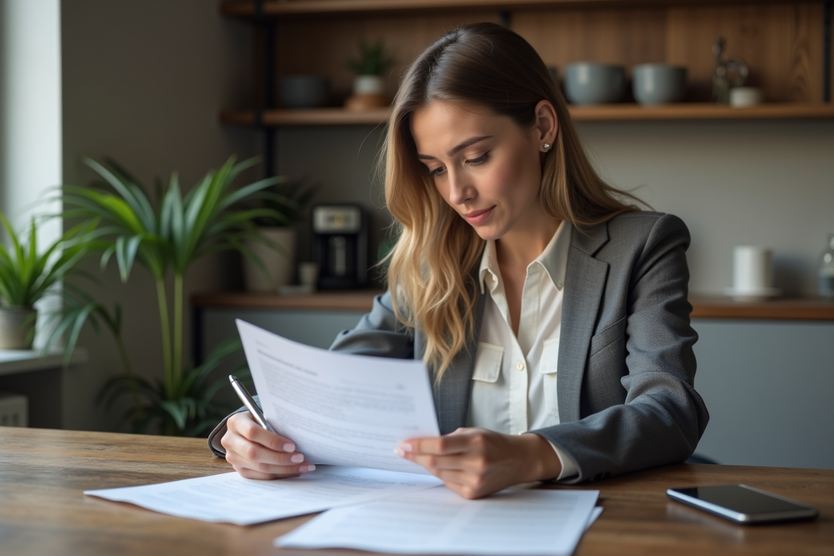 Femme en cuisine moderne lit des documents officiels