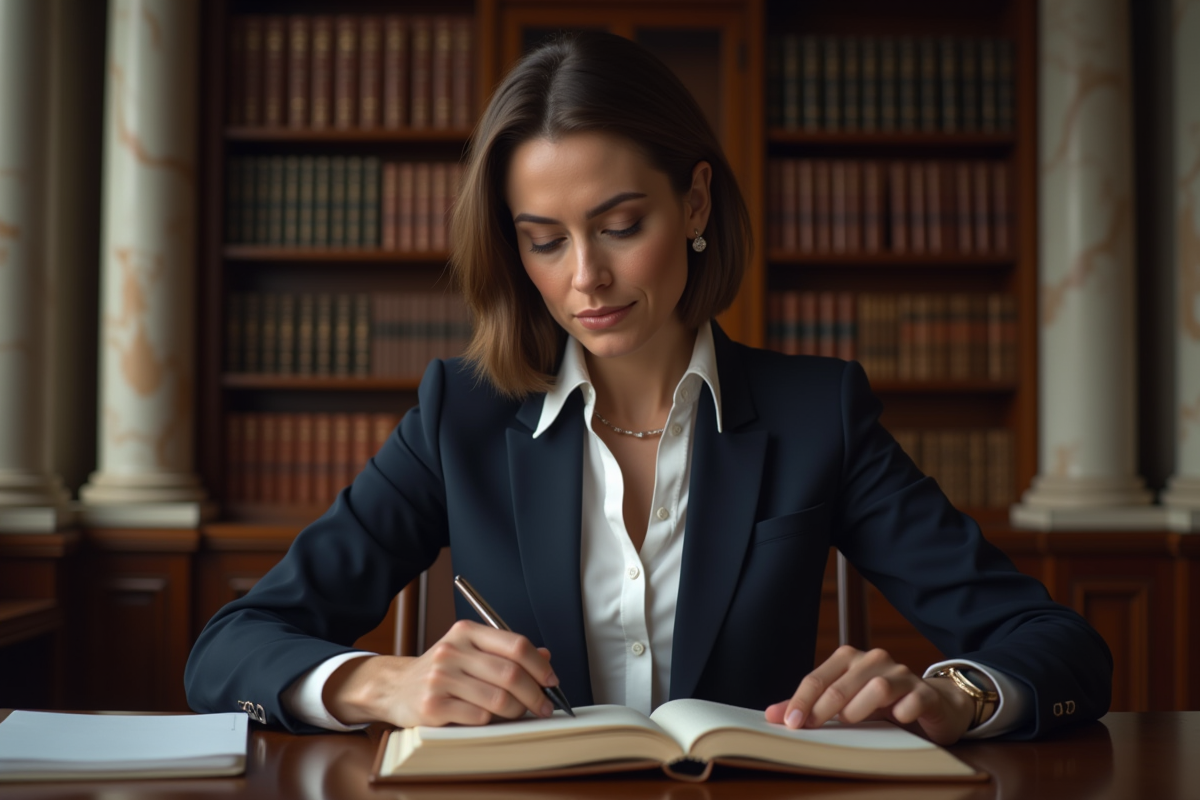 Femme d'âge moyen lisant un livre de droit en bibliothèque