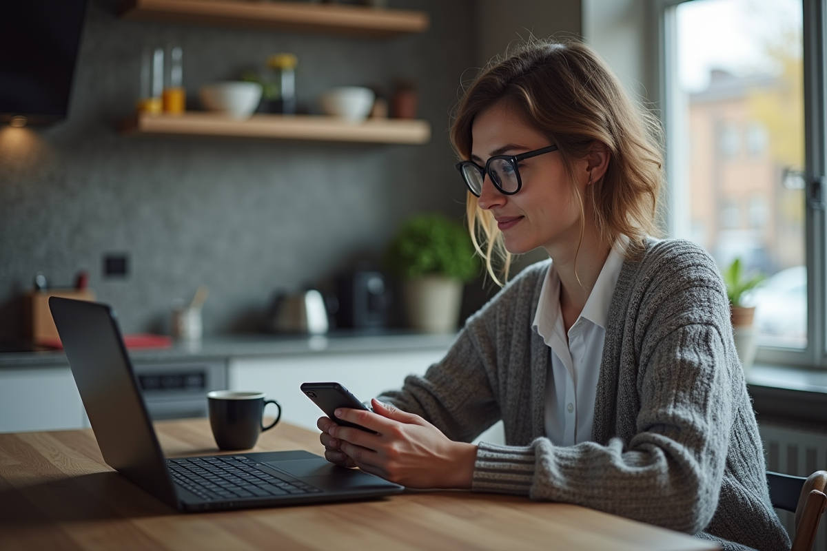 Femme lisant dans une cuisine avec ordinateur de mining