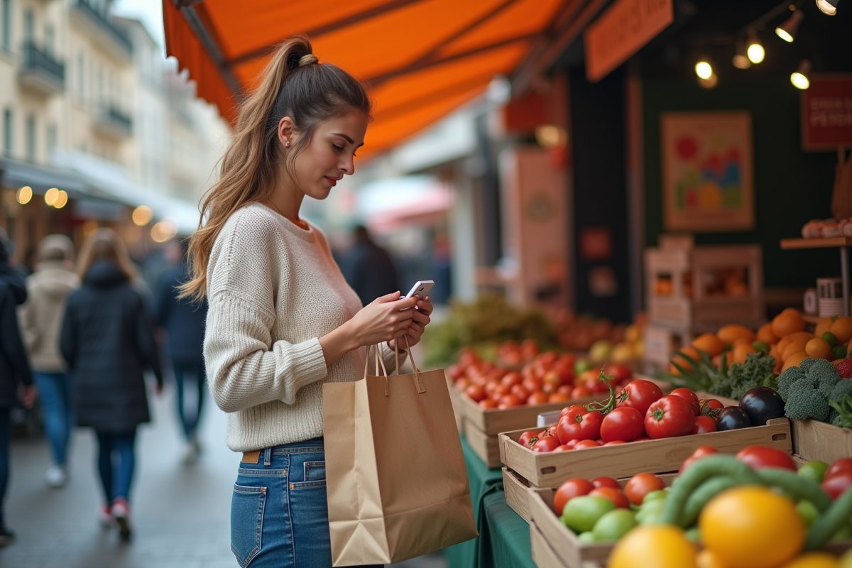 Jeune femme française examine un prix au marché urbain