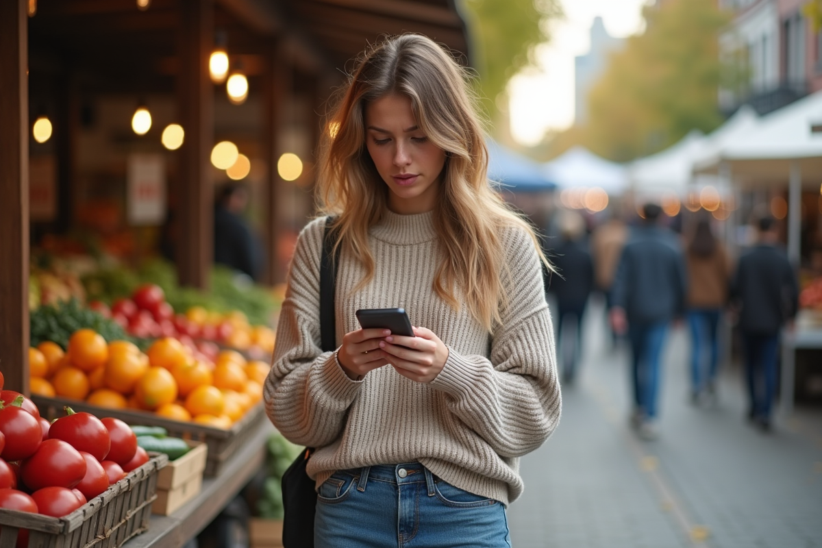 Jeune femme au marché en plein air vérifiant sa liste