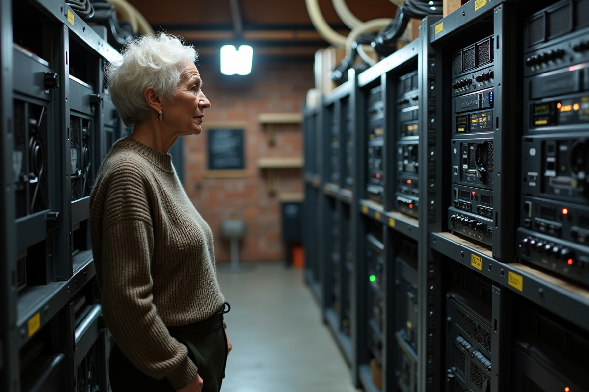 Femme surveillant ses rigs de minage dans un sous-sol organisé