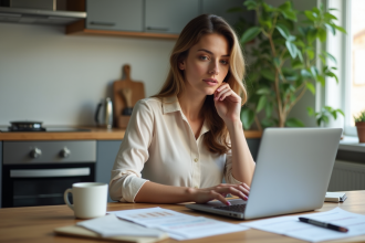 Femme concentrée utilisant son ordinateur dans la cuisine
