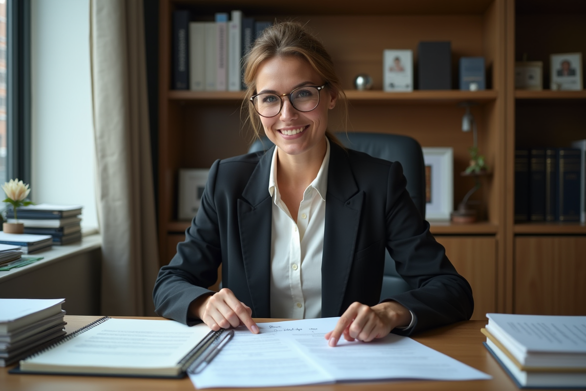 Femme en blazer organise des papiers dans un bureau law