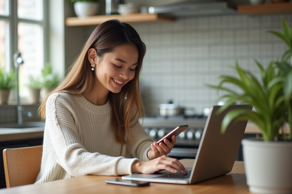 Jeune femme professionnelle utilisant une application de paiement à la maison