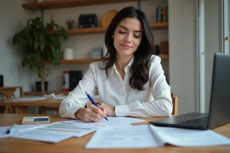 Femme remplissant une déclaration d'impots à la maison