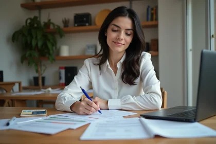 Femme remplissant une d&eacute;claration d'impots &agrave; la maison