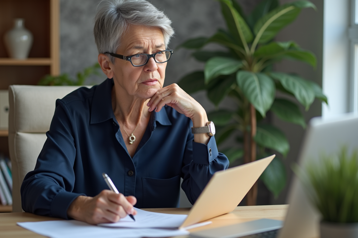 Femme d'âge moyen en bureau avec documents et plantes