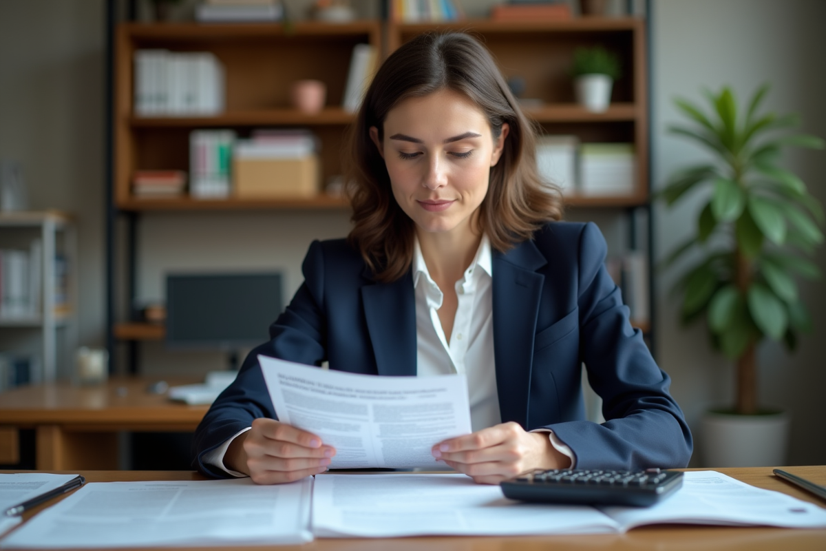 Femme professionnelle en bureau vérifiant des formulaires fiscaux
