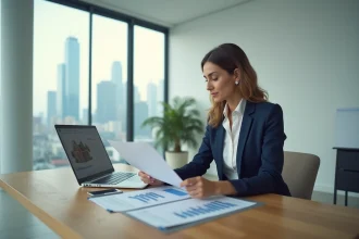 Femme professionnelle analysant des documents d'investissement immobilier dans un bureau moderne avec vue sur la ville