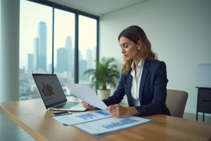 Femme professionnelle analysant des documents d'investissement immobilier dans un bureau moderne avec vue sur la ville