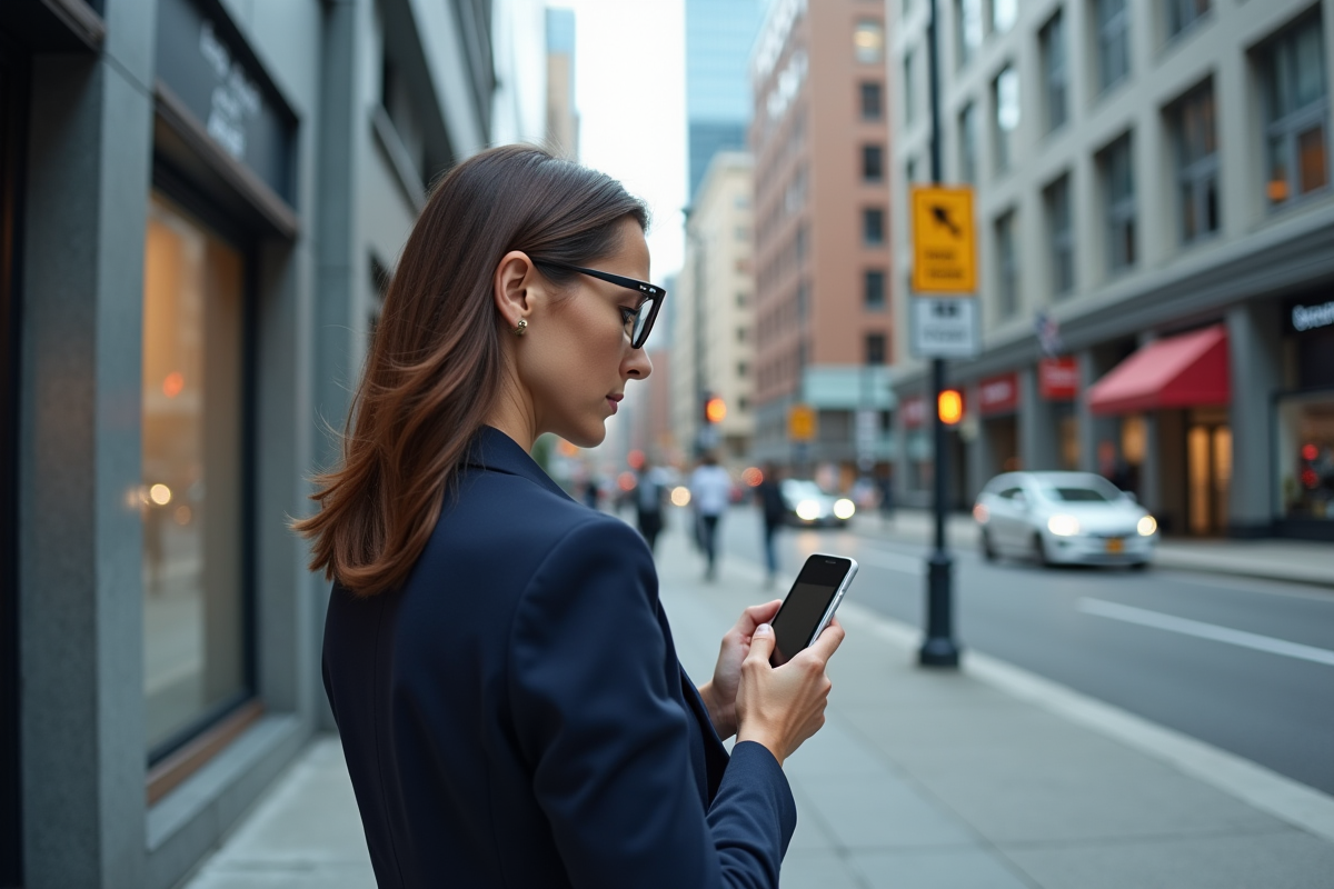 Femme professionnelle regardant son smartphone dans la ville canadienne