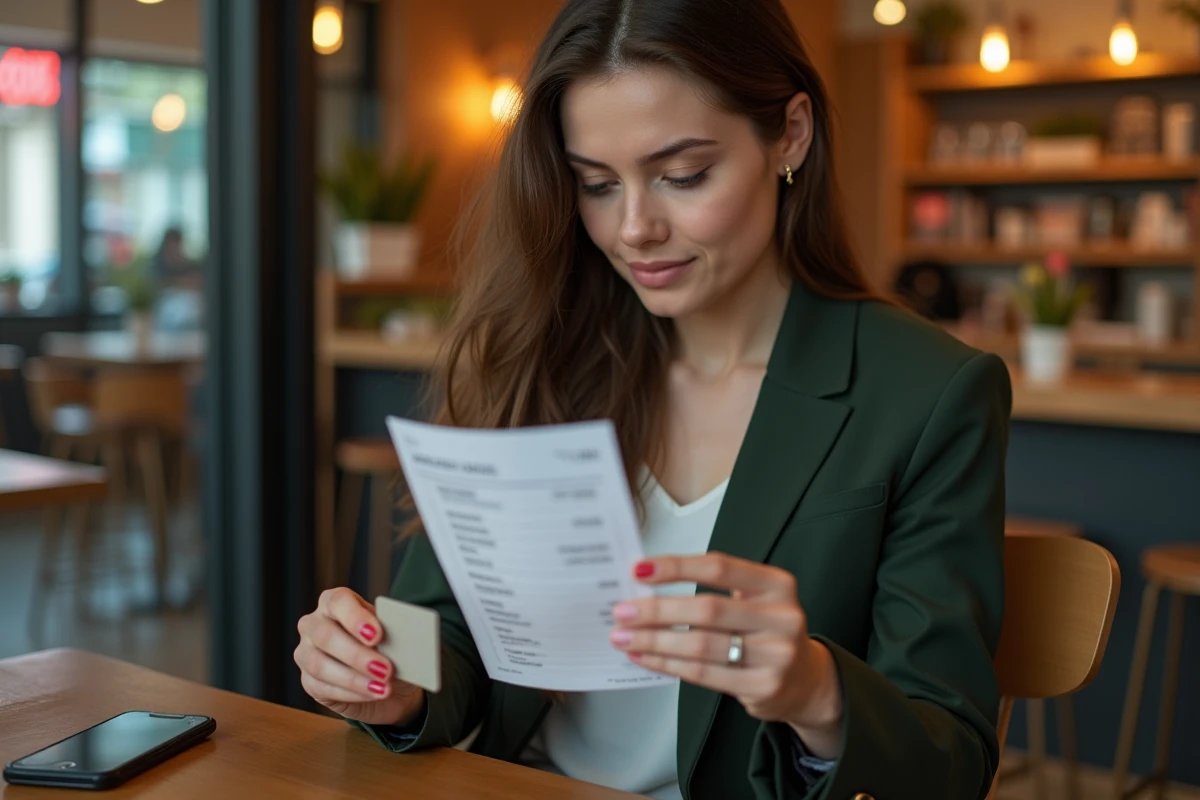 Femme vérifiant un reçu après un paiement fractionné avec une carte Ticket Kadéos Infini