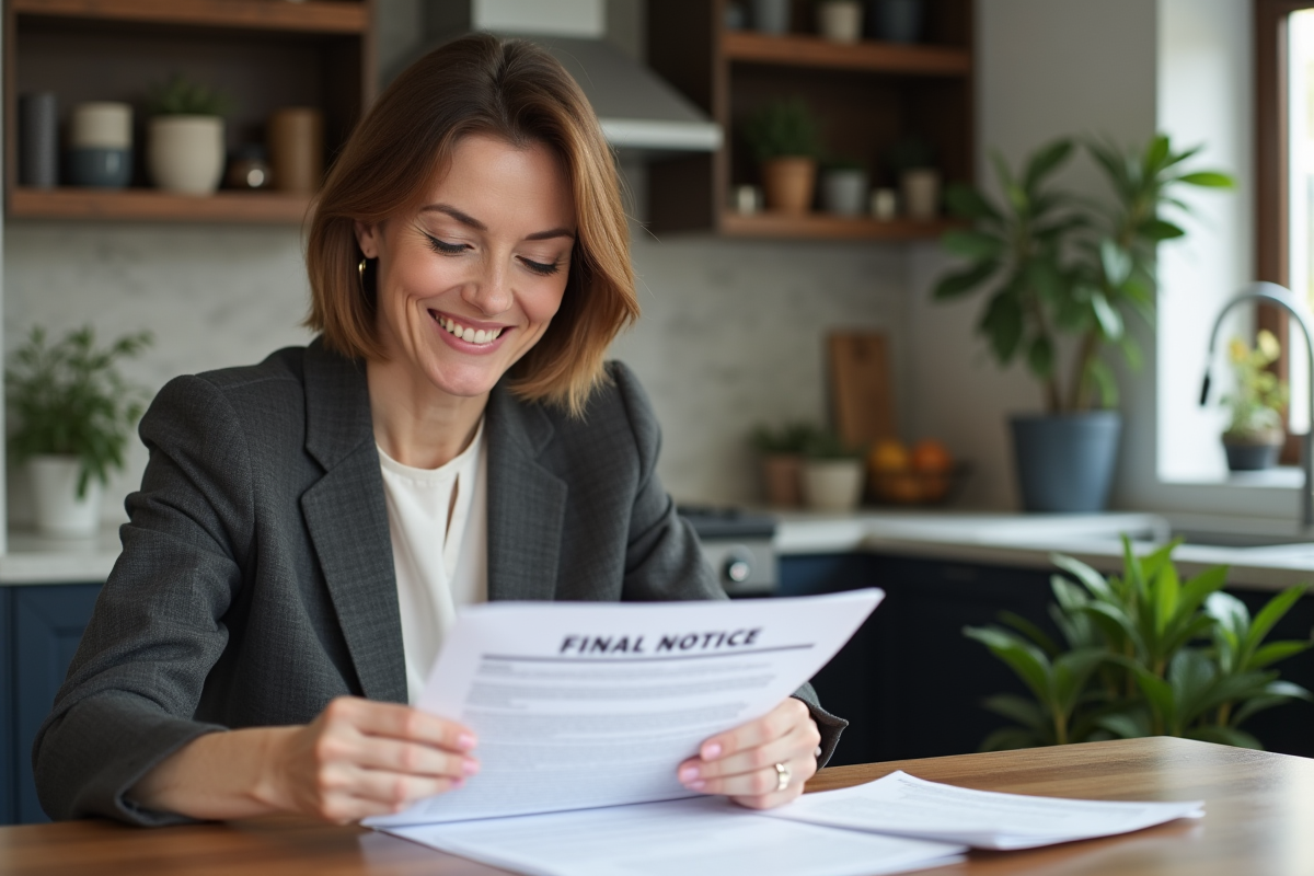 Femme souriante relisant des documents de mortgage