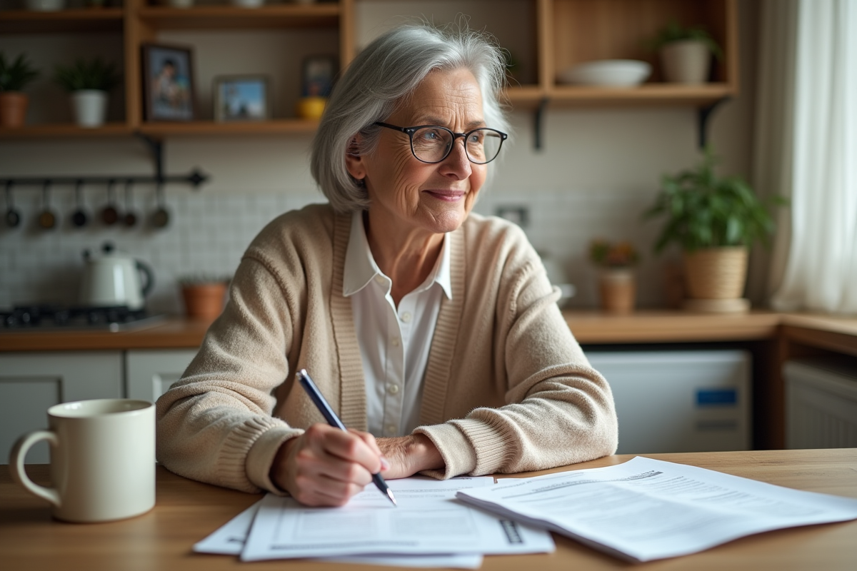 Femme retraitée examine ses papiers de pension dans la cuisine