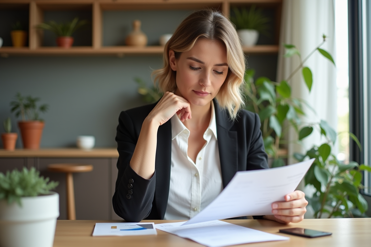 Femme vérifiant ses papiers de voyage à la maison