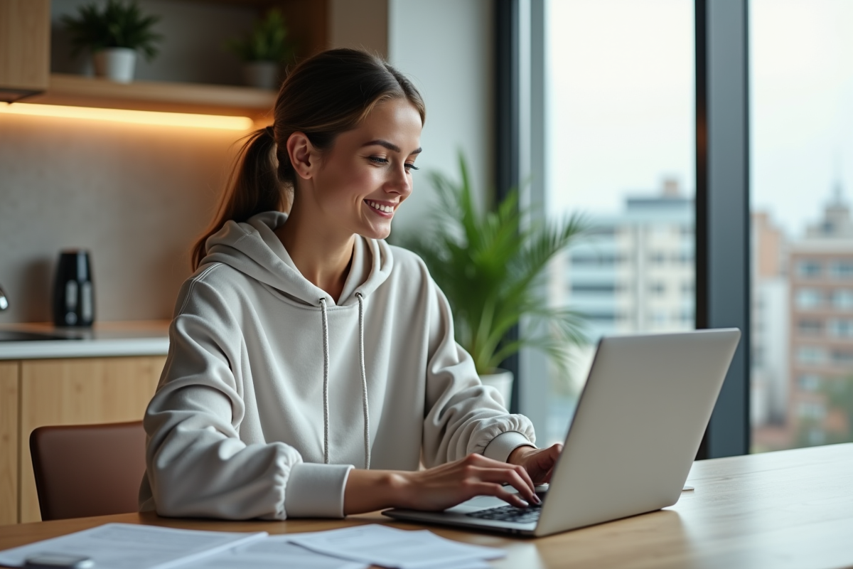 Jeune femme au laptop dans une cuisine moderne