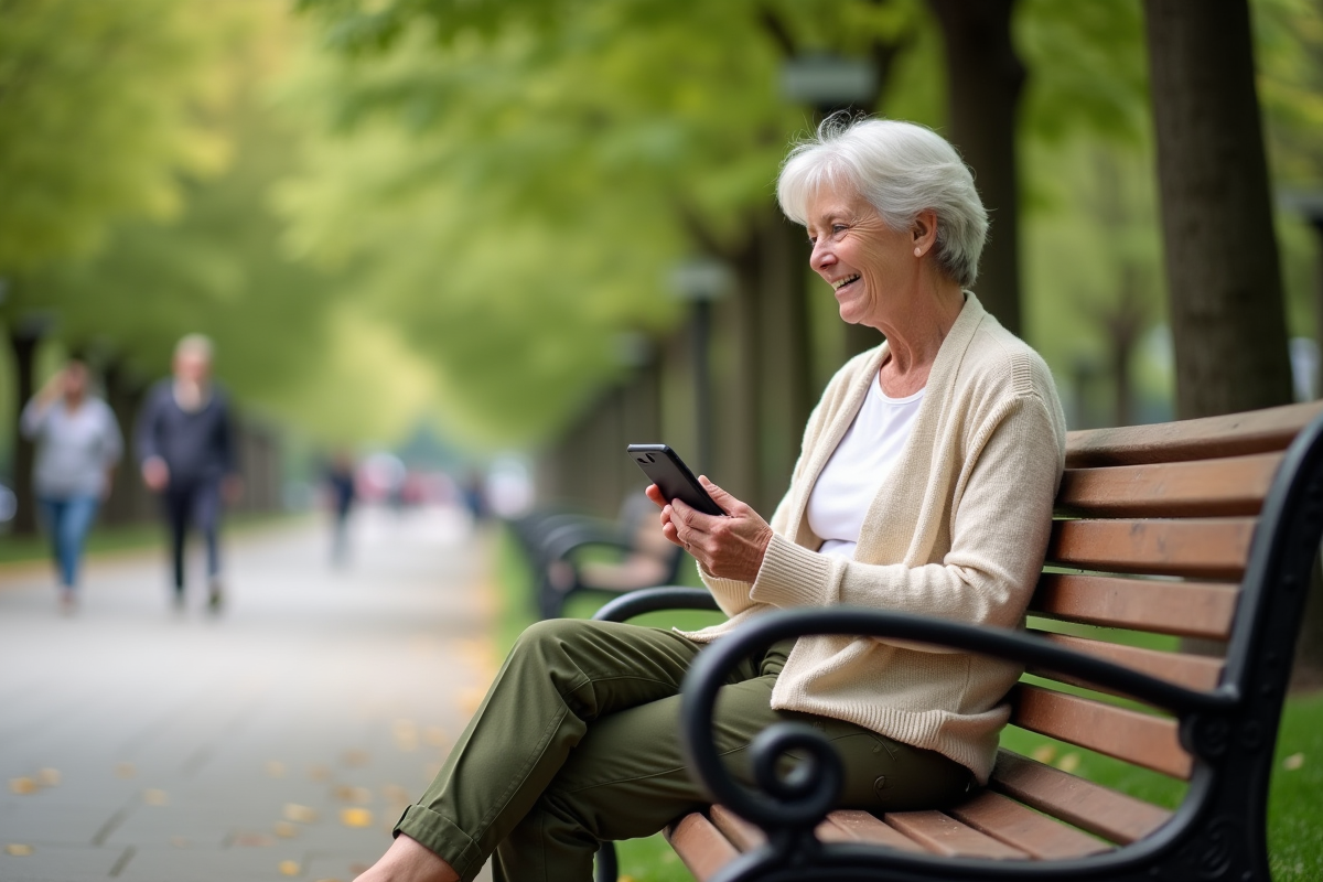 Femme âgée assise sur un banc dans un parc en souriant