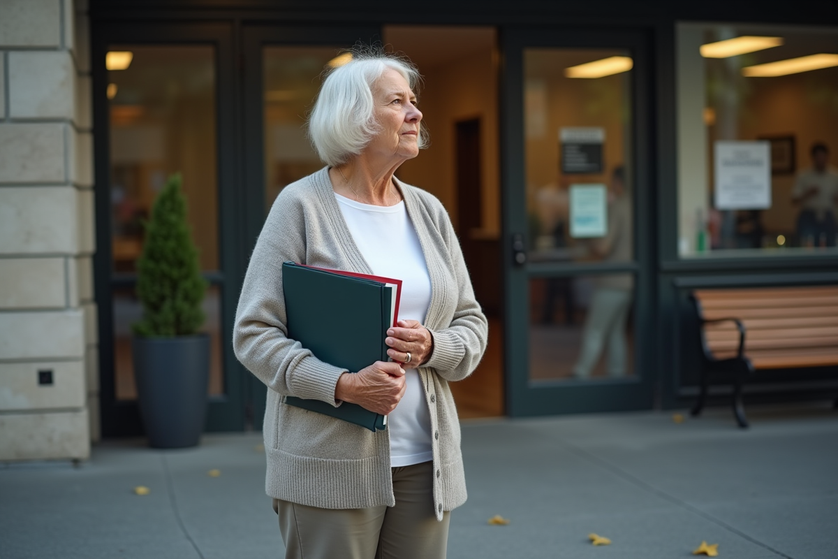 Femme senior anxieuse devant un bureau