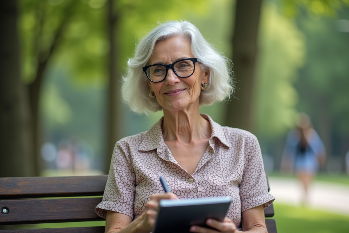 Femme senior souriante dans un parc urbain