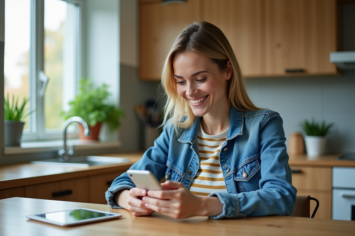 Jeune femme souriante utilisant son smartphone pour un transfert d'argent
