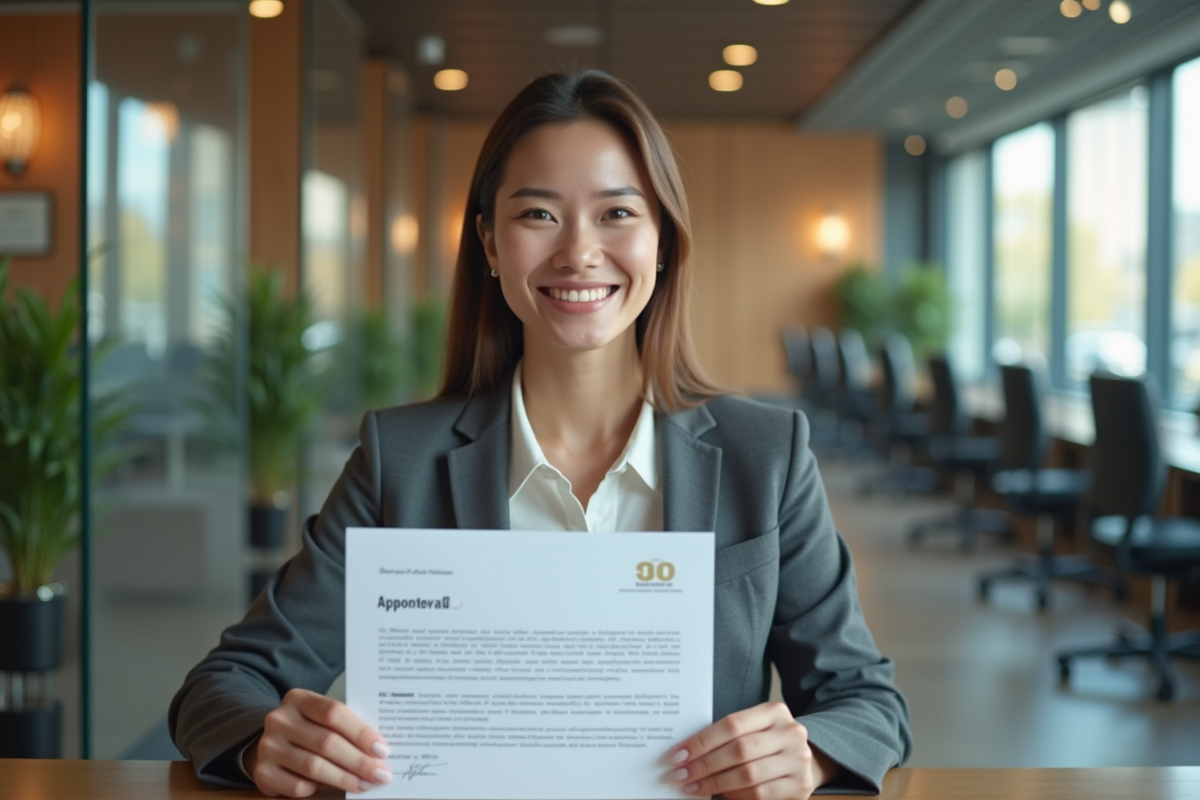 Femme souriante tenant une lettre d'approbation de prêt