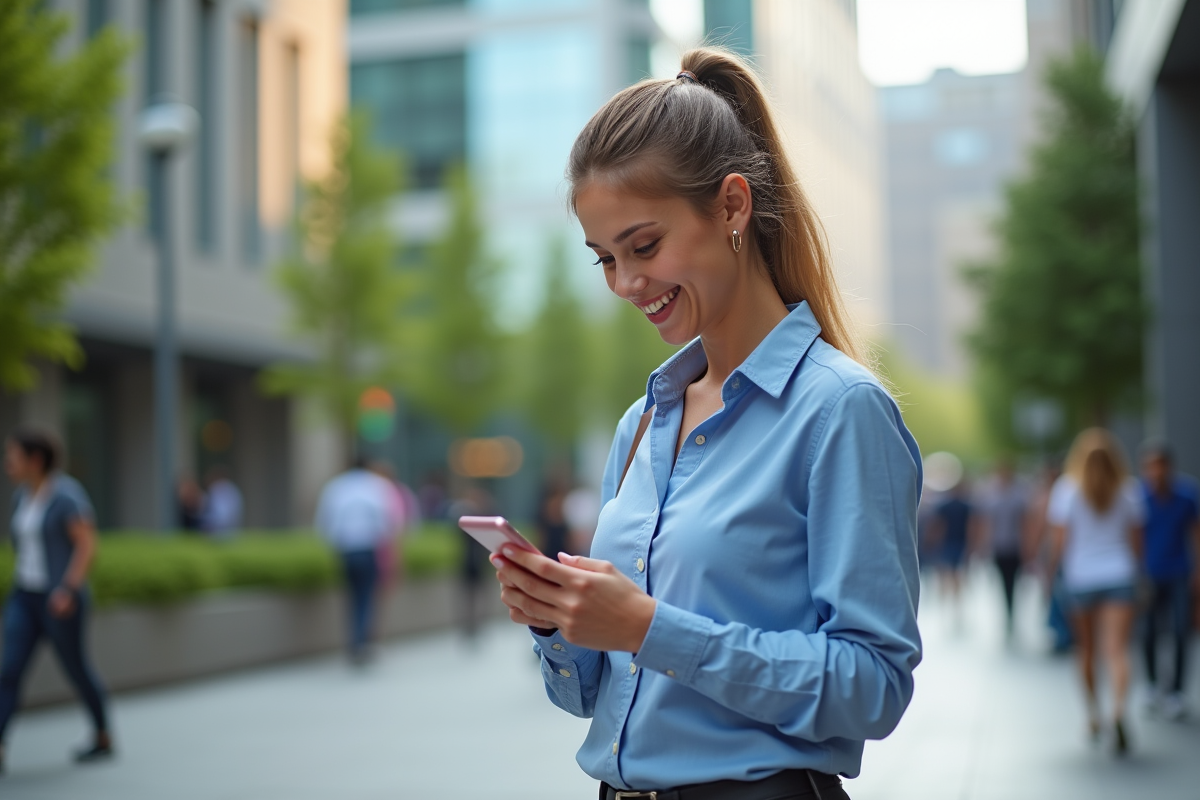 Jeune femme souriante vérifiant les cours en ville